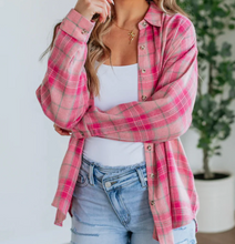Load image into Gallery viewer, Pre-Order Sachet Pink Plaid Print Rounded Hem Long Sleeve Shirt with Pockets