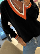 Load image into Gallery viewer, Pre-Order Black Contrast Striped Trim V Neck Varsity Sweater