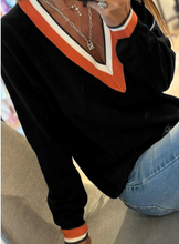 Load image into Gallery viewer, Pre-Order Black Contrast Striped Trim V Neck Varsity Sweater