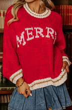 Load image into Gallery viewer, Pre-Order Fiery Red MERRY Pattern Colorblock Edge Drop Shoulder Cozy Sweater