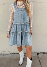 Load image into Gallery viewer, Pre-Order Dusk Blue Light Wash Tiered Flowy Overall Denim Dress