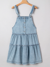 Load image into Gallery viewer, Pre-Order Dusk Blue Light Wash Tiered Flowy Overall Denim Dress