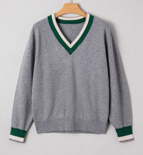 Load image into Gallery viewer, Pre-Order Green Contrast Striped Trim V Neck Varsity Sweater