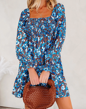 Load image into Gallery viewer, Pre-Order Blue Smocked Bodice High Waist Ruffled Sleeve Floral Dress