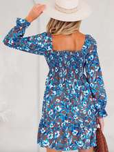 Load image into Gallery viewer, Pre-Order Blue Smocked Bodice High Waist Ruffled Sleeve Floral Dress