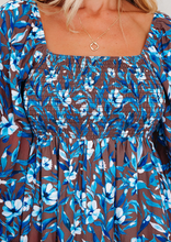 Load image into Gallery viewer, Pre-Order Blue Smocked Bodice High Waist Ruffled Sleeve Floral Dress