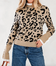 Load image into Gallery viewer, Pre-Order Brown Leopard Pattern Lace Ribbed Detail Button Cuffed Sweater