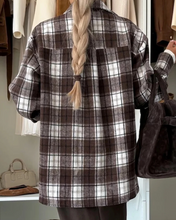 Load image into Gallery viewer, Pre-Order Dark Brown Flanel Plaid Single Chest Pocket Boyfriend Shacket