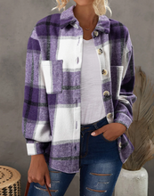 Load image into Gallery viewer, Pre-Order Purple Plaid Color Block Buttoned Long Sleeve Jacket with Pocket