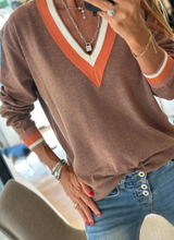 Load image into Gallery viewer, Pre-Order Khaki Contrast Striped Trim V Neck Varsity Sweater (Copy)