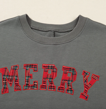 Load image into Gallery viewer, Pre-Order Medium Grey Plaid MERRY Bow Embroidered Plus Size Sweatshirt with Side Slits