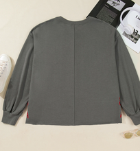 Load image into Gallery viewer, Pre-Order Medium Grey Plaid MERRY Bow Embroidered Plus Size Sweatshirt with Side Slits