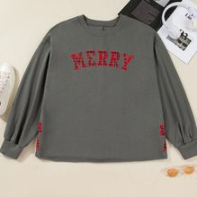 Load image into Gallery viewer, Pre-Order Medium Grey Plaid MERRY Bow Embroidered Plus Size Sweatshirt with Side Slits
