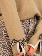 Load image into Gallery viewer, Pre-Order Tan Leopard Bow Decor Split Cuff Contrast Trim Sweater