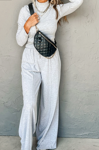 Pre-Order Light Grey Long Sleeve High Neck Slim Top Smocked Waist Central Seam Pants Set