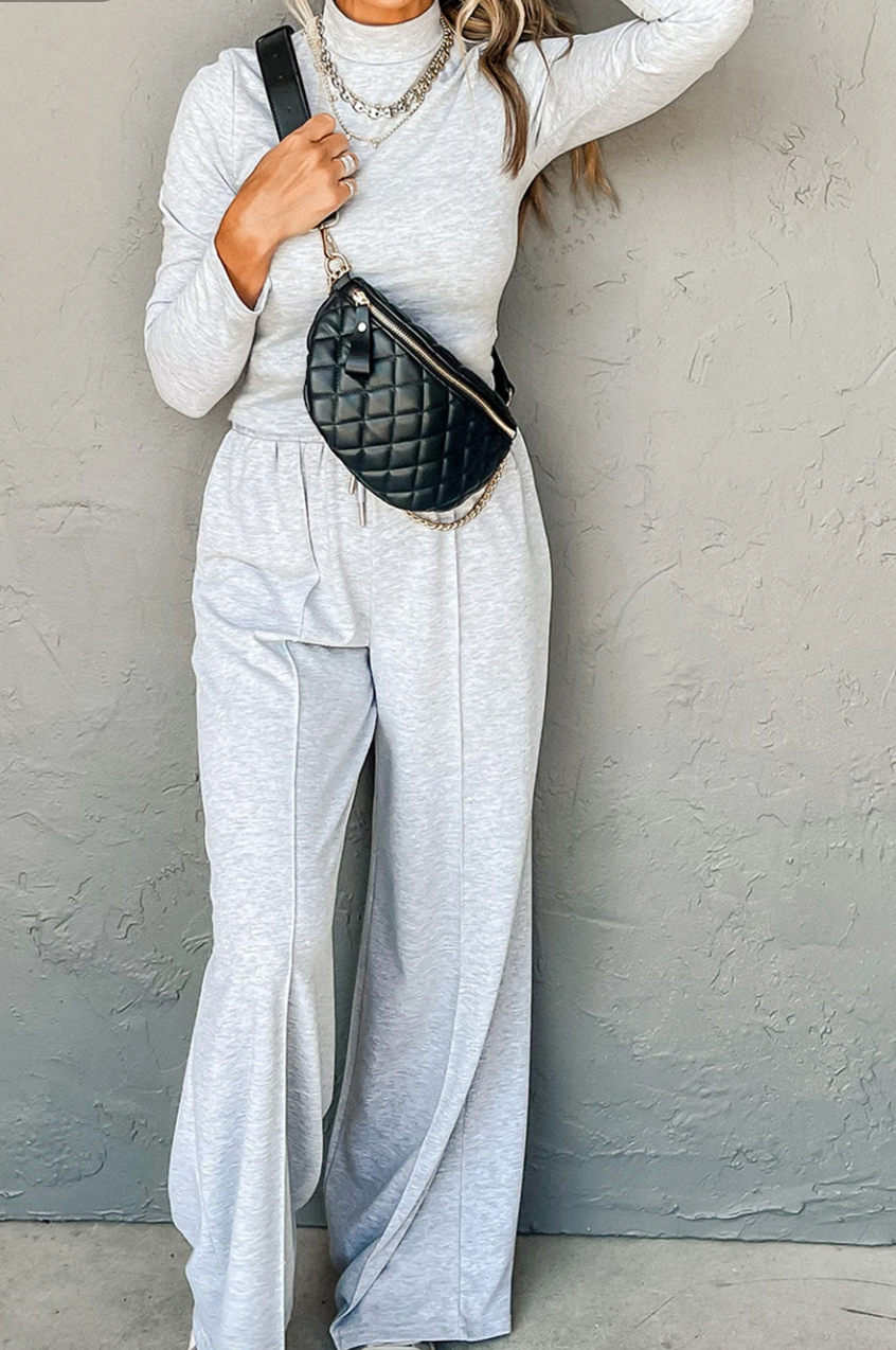 Pre-Order Light Grey Long Sleeve High Neck Slim Top Smocked Waist Central Seam Pants Set