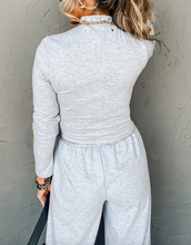 Load image into Gallery viewer, Pre-Order Light Grey Long Sleeve High Neck Slim Top Smocked Waist Central Seam Pants Set
