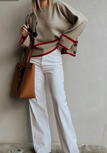 Load image into Gallery viewer, Pre-Order Ribbed Knit Contrasted Stripe Detail Button Side Loose Sweater