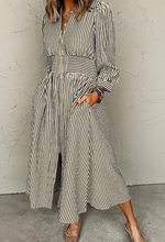 Load image into Gallery viewer, Pre-Order Stripe V Neck Zip Front Cinched High Waist Midi Dress