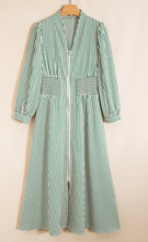 Load image into Gallery viewer, Pre-Order Stripe V Neck Zip Front Cinched High Waist Midi Dress