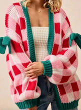 Load image into Gallery viewer, Pre-Order Pink Plaid Knit Bow Knot Decor Open Front Sweater Cardigan