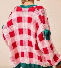 Load image into Gallery viewer, Pre-Order Pink Plaid Knit Bow Knot Decor Open Front Sweater Cardigan