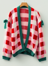 Load image into Gallery viewer, Pre-Order Pink Plaid Knit Bow Knot Decor Open Front Sweater Cardigan