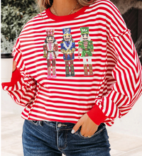 Load image into Gallery viewer, Red Stripe Christmas Nutcracker Sequin Patched Drop Shoulder Top