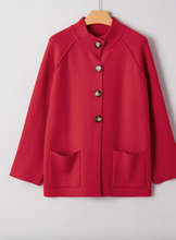 Load image into Gallery viewer, Pre-Order Fiery Red Collared Button Front Wrapped Cardigan Jacket