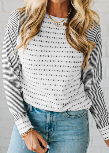 Pre-Order Black Stripe Raglan Patchwork Long Sleeve Tee