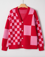 Load image into Gallery viewer, Pre-Order Fiery Red Mixed Plaid Relaxed Sweater Cardigan