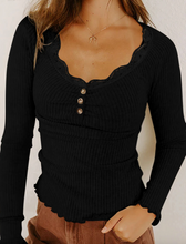 Load image into Gallery viewer, Pre-Order  Lace Neckline Button Decor Lettuce Edge Long Sleeve Ribbed Tops