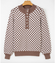 Load image into Gallery viewer, Pre-Order Brown Half Button Ribbed Trim Checkerboard Knit Sweater