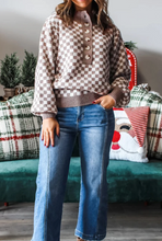 Load image into Gallery viewer, Pre-Order Brown Half Button Ribbed Trim Checkerboard Knit Sweater