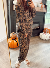 Load image into Gallery viewer, Pre-Order Brown Varsity Striped Trim Leopard Long Sleeve Top Drawstring Pant Set