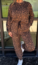 Load image into Gallery viewer, Pre-Order Brown Varsity Striped Trim Leopard Long Sleeve Top Drawstring Pant Set