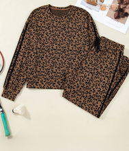 Load image into Gallery viewer, Pre-Order Brown Varsity Striped Trim Leopard Long Sleeve Top Drawstring Pant Set