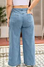 Load image into Gallery viewer, Pre-Order Blue Patched Pocket Textured Wide Leg Plus Size Jeans