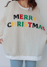 Load image into Gallery viewer, Pre-Order White MERRY CHRISTMAS Multicolor Embroidered Sherpa Pullover Sweatshirt
