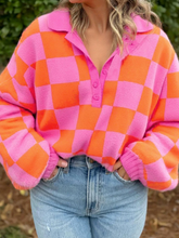 Load image into Gallery viewer, Pre-Order Sachet Pink Checkered Knit Polo Collar Baggy Sweater