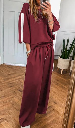 Pre-Order Burgundy Varsity Striped 3/4 Sleeve Pullover Drawstring Sweatpants Set