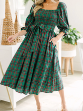 Load image into Gallery viewer, Pre-Order Tartan Plaid Square Neck Puff Sleeve Knot Waist Flared Midi Dresses