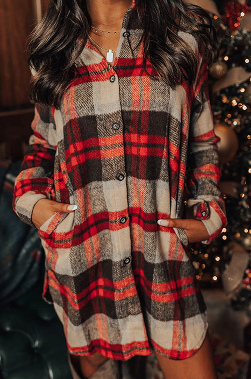 Pre-Order Red Brushed Plaid Buttoned Front Side Slit Tunic Shacket