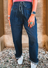 Load image into Gallery viewer, Pre-Order Blue Checkered Side Panel Patchwork Drawstring Loose Denim Pants