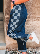 Load image into Gallery viewer, Pre-Order Blue Checkered Side Panel Patchwork Drawstring Loose Denim Pants