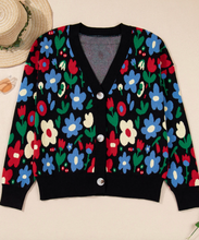 Load image into Gallery viewer, Pre-Order Black Floral Print V Neck Buttoned Short Cardigan Sweater