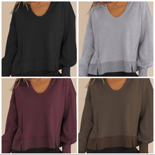 Load image into Gallery viewer, Pre-Order Waffle Knit Notched V Neck Drop Shoulder Solid Sweatshirt