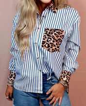 Load image into Gallery viewer, Pre-Order Striped Leopard Print Patchwork Button Up Womens Shirt