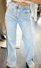 Load image into Gallery viewer, Pre-Order Blue Contrast Stripe Frayed Side Panel Patchwork Shift Jeans