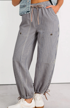 Load image into Gallery viewer, Pre-Order Khaki Stripe Button Patch Pocket Drawstring Elastic Waist Loose Pants
